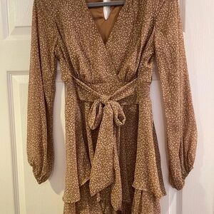 Japna Brown Printed Wrap Dress with Waist Tie